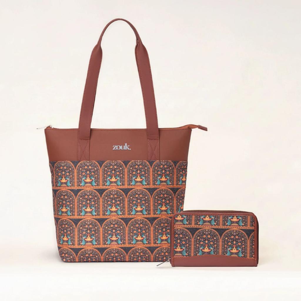 Royal Indian Peacock Motif Everyday Tote Bag & Chain Wallet Combo