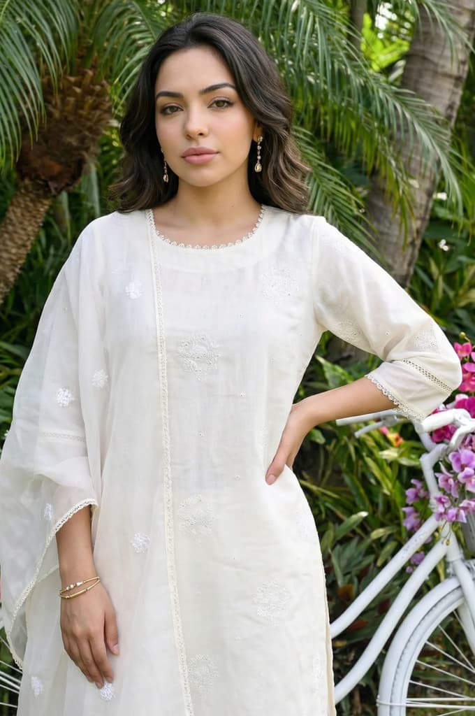 Off White Thread Embroidered Chanderi Straight Kurta with Straight Pants and Organza Dupatta Set — photo 3