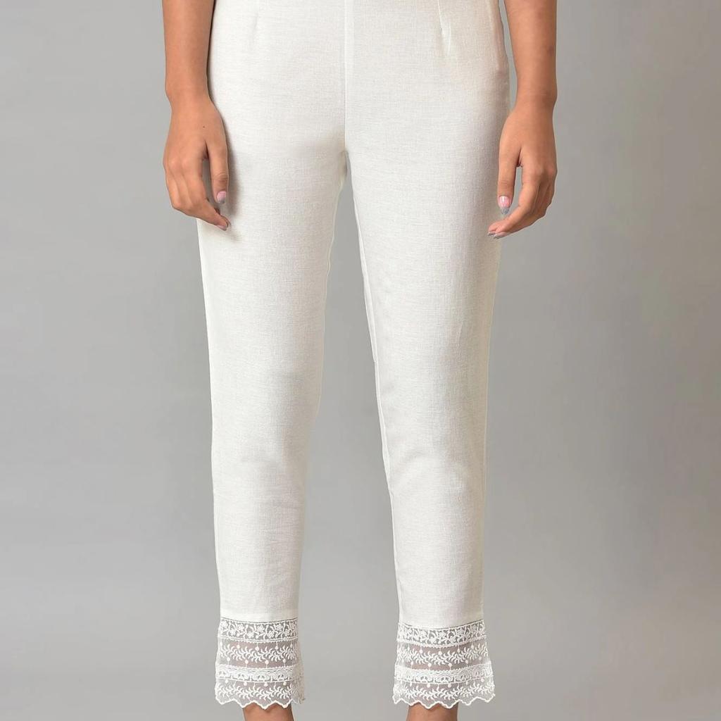 White Solid Cotton Flax Slim Pant with Embellished Hemline