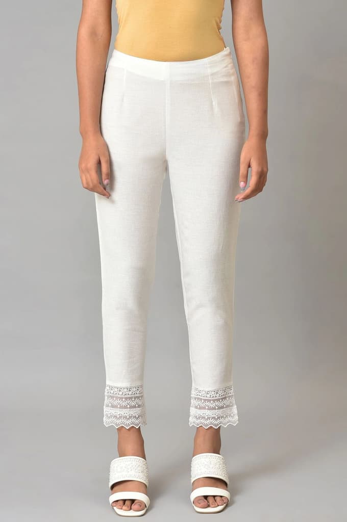 White Solid Cotton Flax Slim Pant with Embellished Hemline — XS