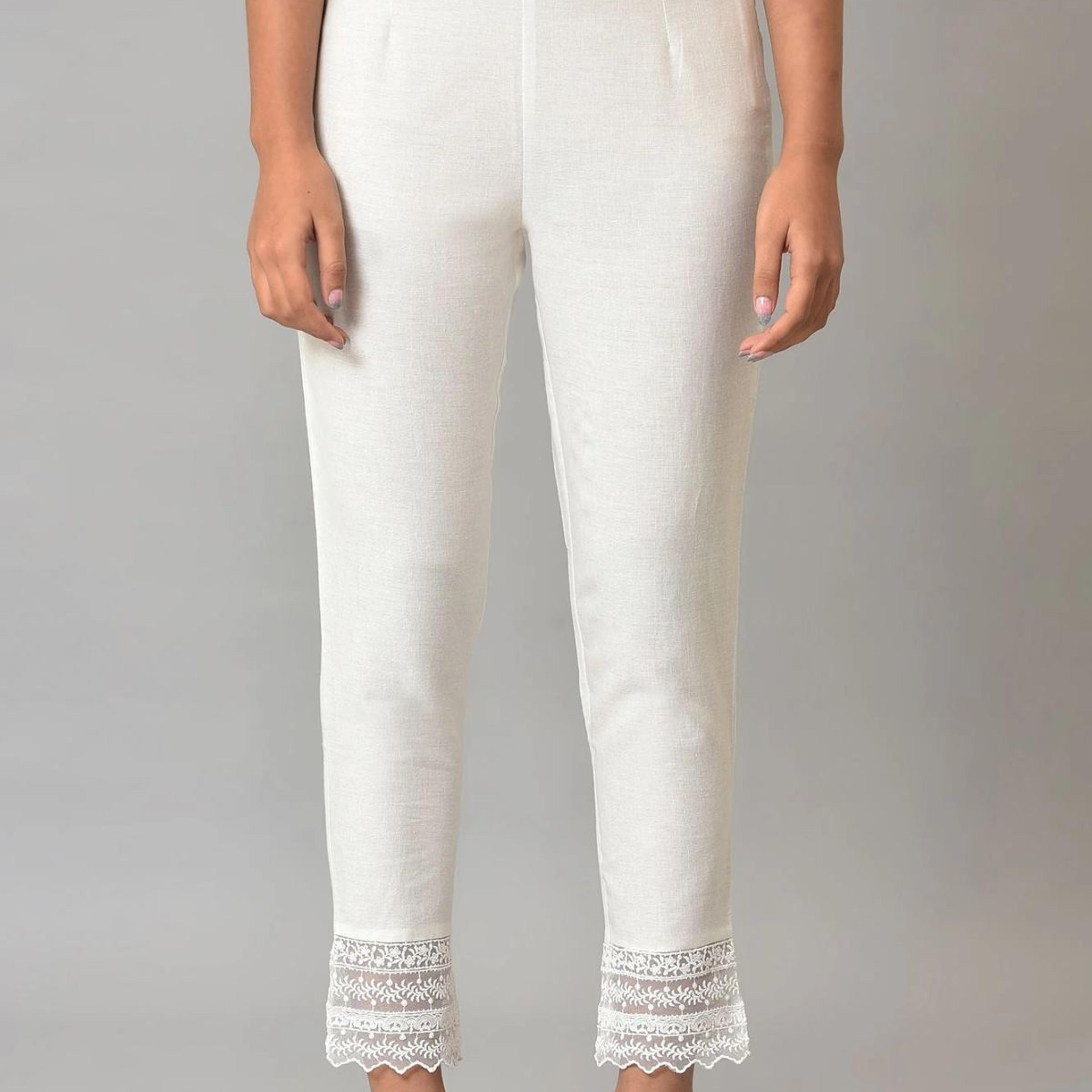 White Solid Cotton Flax Slim Pant with Embellished Hemline