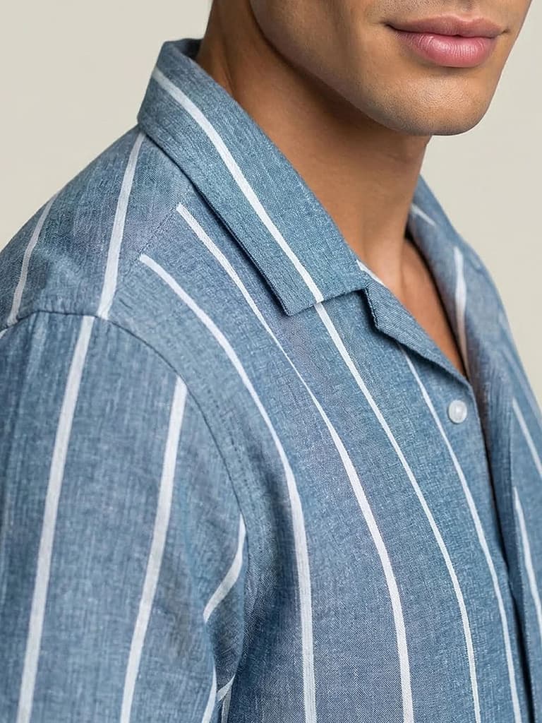 Men's Aqua Cotton Half Sleeve Relaxed Fit Linen Striped Shirt with Cuban Collar — photo 5