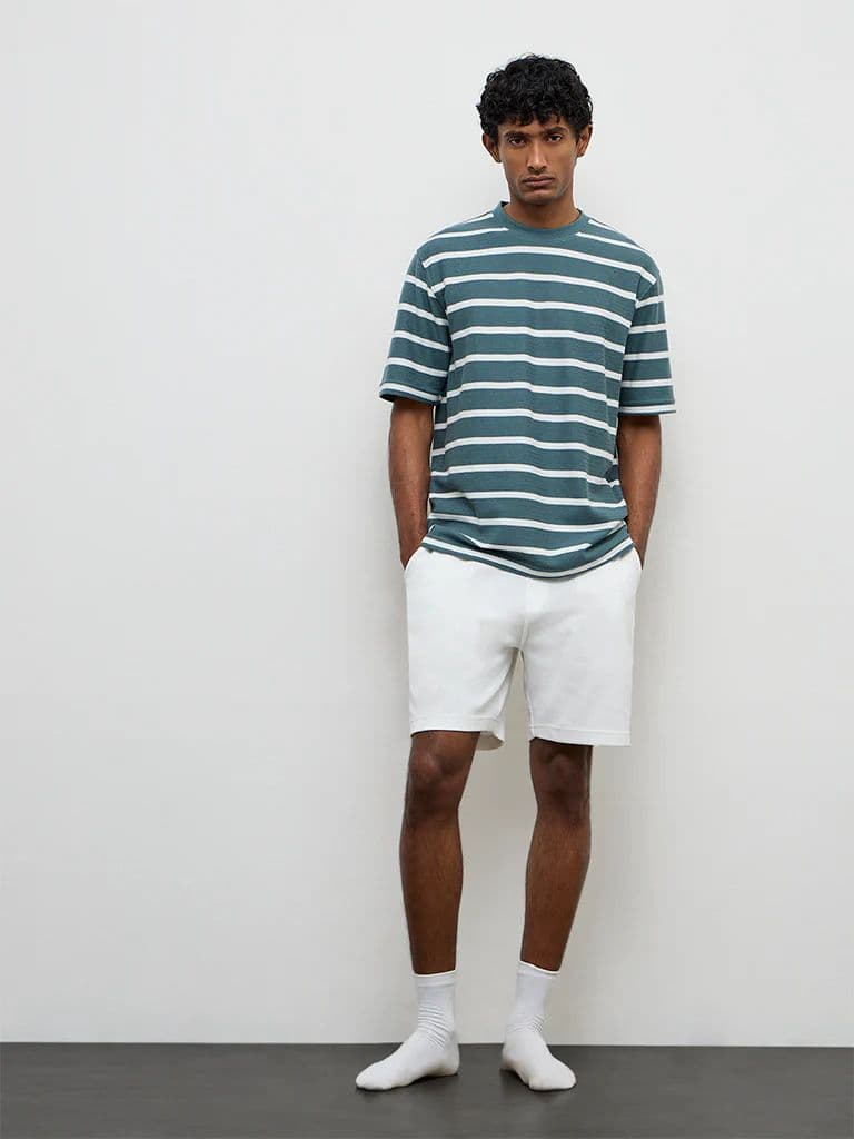 WES Lounge Teal Striped Relaxed-Fit Cotton T-Shirt — photo 2