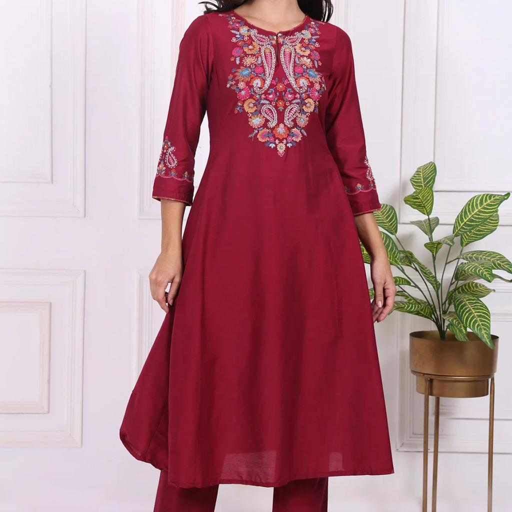 Maroon Embroidered Straight Kurta and Pants Co-ord Set