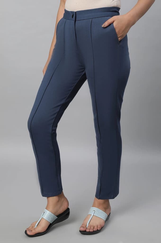 Blue Solid Pintuck Trousers — photo 3