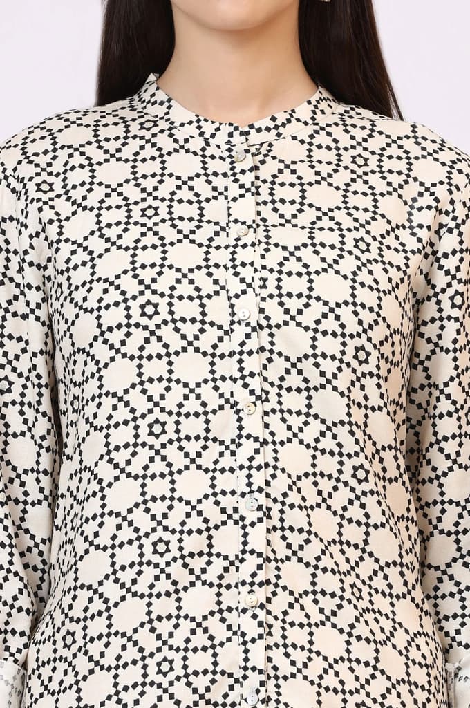 White Geometric Printed Button Down Rayon Shirt — photo 4