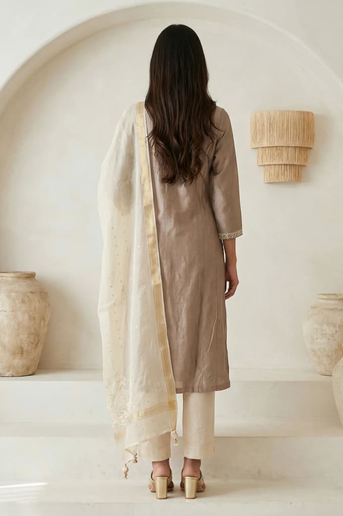 Brown Embroidered Cotton Blend Straight Kurta with Pants and Dupatta Set — photo 4