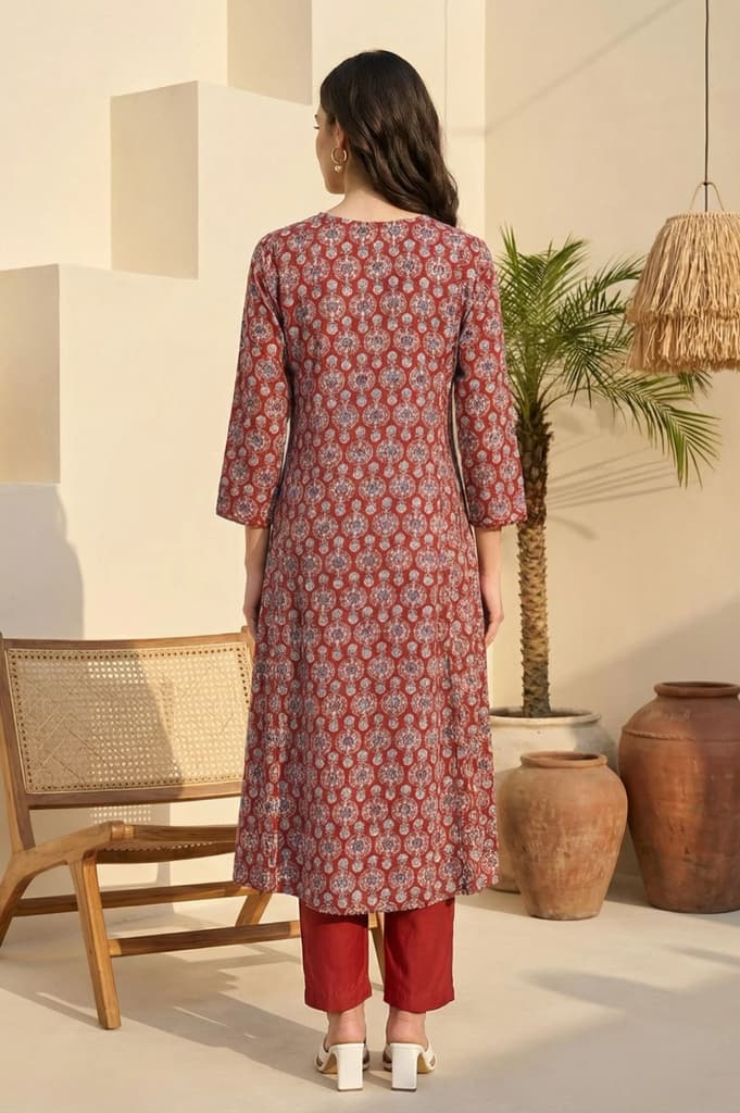 Rust Ethnic Motifs Rayon A-line Kurta — photo 3
