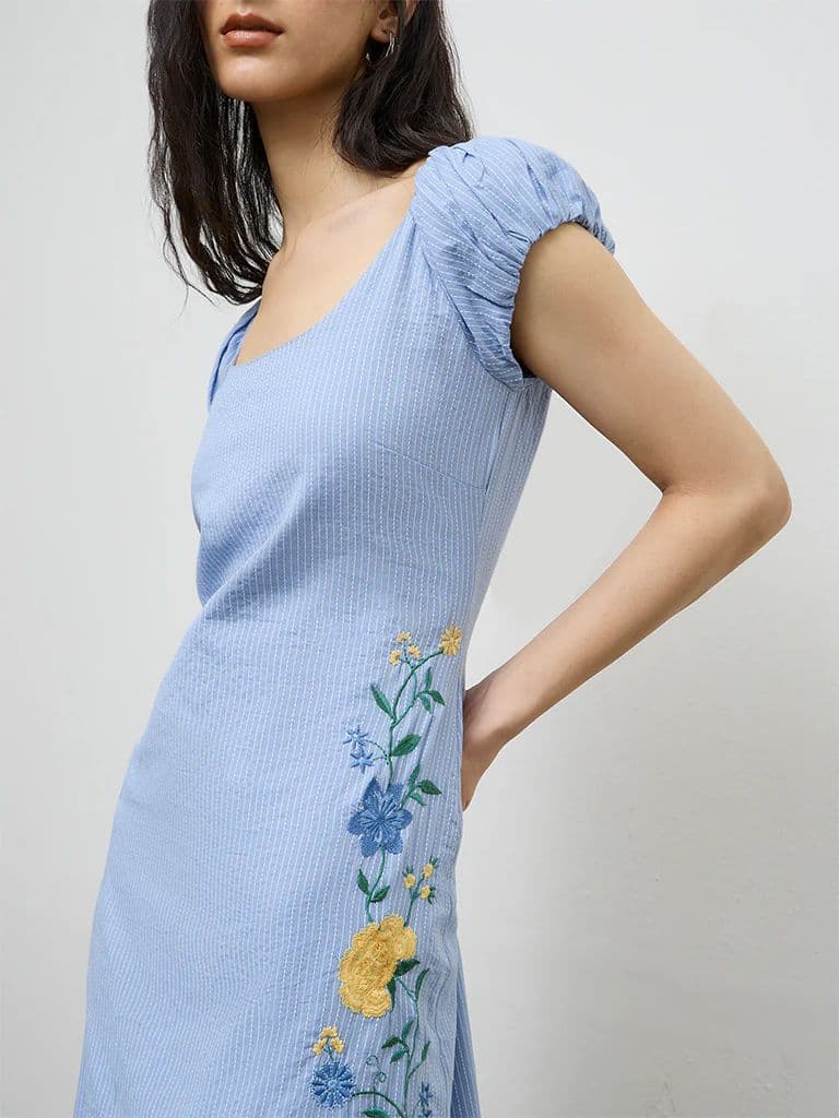 Bombay Paisley Light Blue Embroidered Cotton A-Line Dress — photo 3