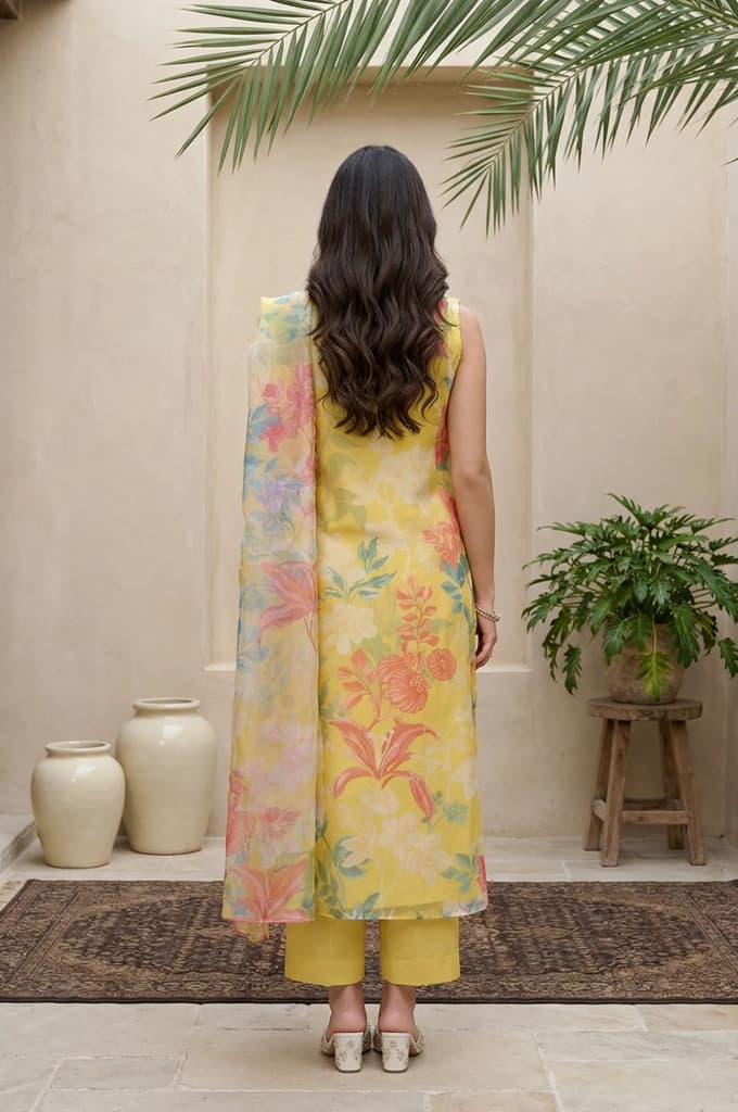 Yellow Floral Printed Straight Kurta with Flared Pant and Dupatta Set — photo 4