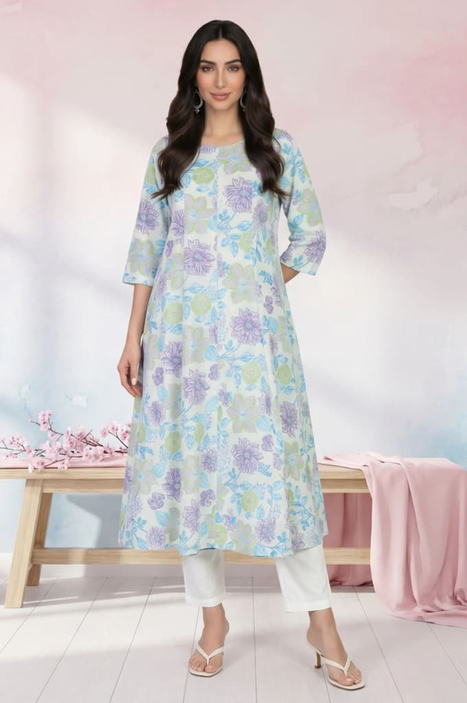 Off White Floral Printed Cotton Flax A-line Kurta — photo 2