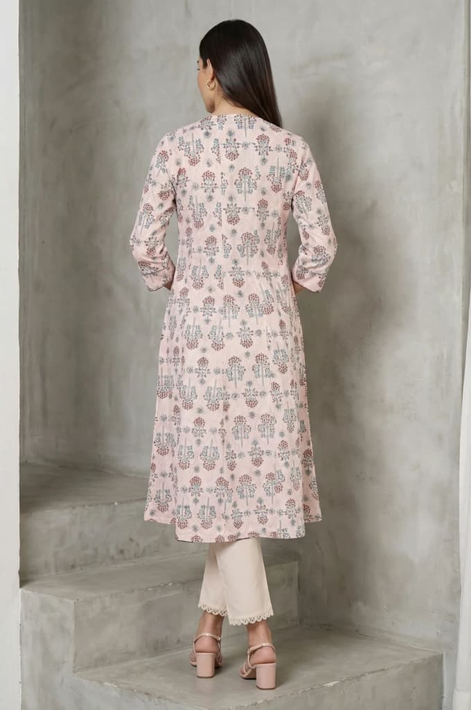 Light Pink Floral Printed Sequins Pure Cotton A-line Kurta — photo 5