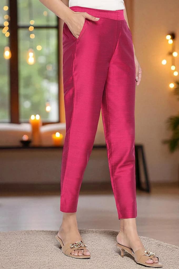 Pink Solid Mid Rise Slub Trousers in Ankle Length — photo 3