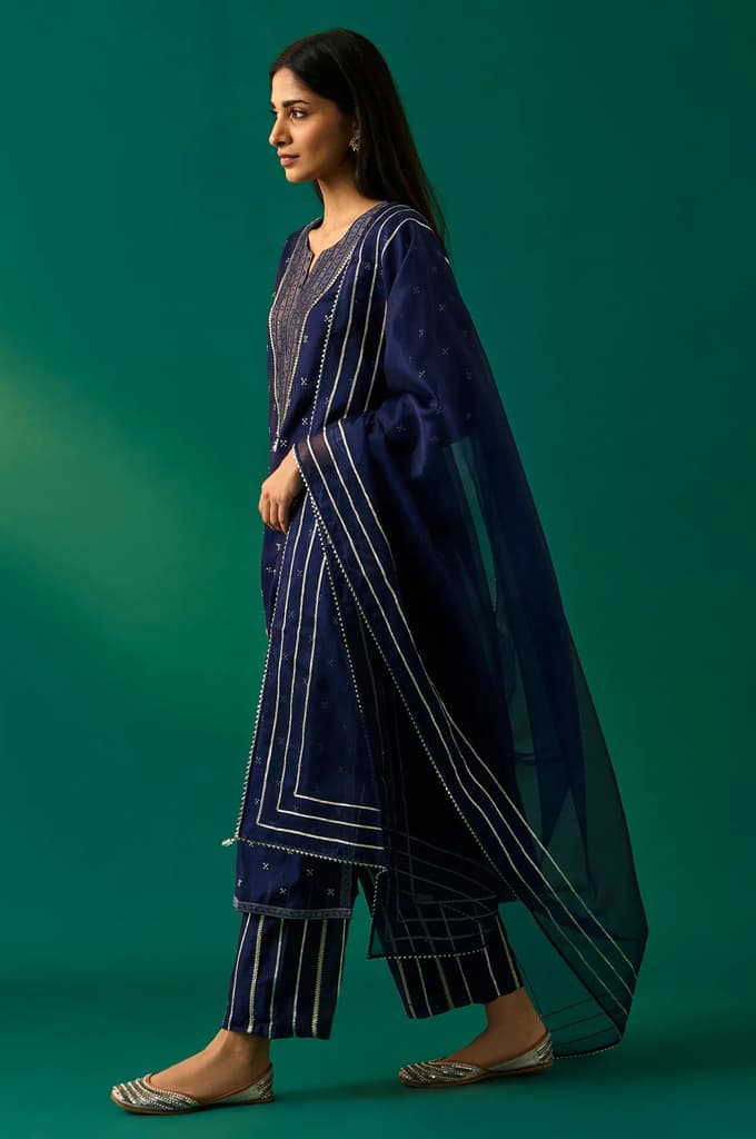 Navy Blue Embroidered Straight Kurta with Straight Pant and Dupatta Set — photo 3