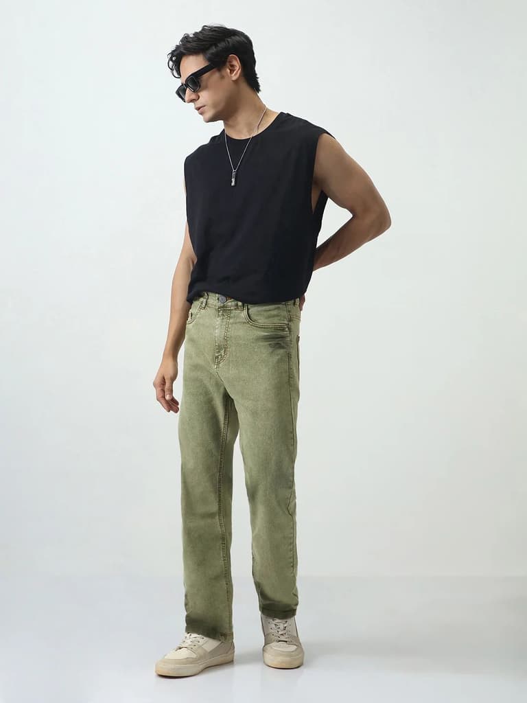 Men's Light Green Straight Fit Heavy Washed Jeans Stretchable — photo 4