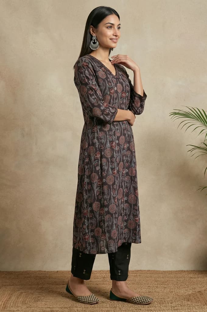 Brown Block Printed Sequins Satin Straight Kurta — photo 6