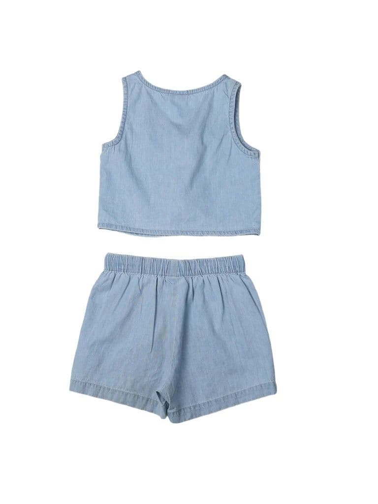 HOP Kids Girls Light Blue Embroidered Denim Top and Shorts Set — photo 4