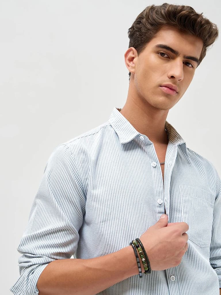 Men's Light Blue Cotton Full Sleeve Regular Fit Casual Striped Shirt — photo 6