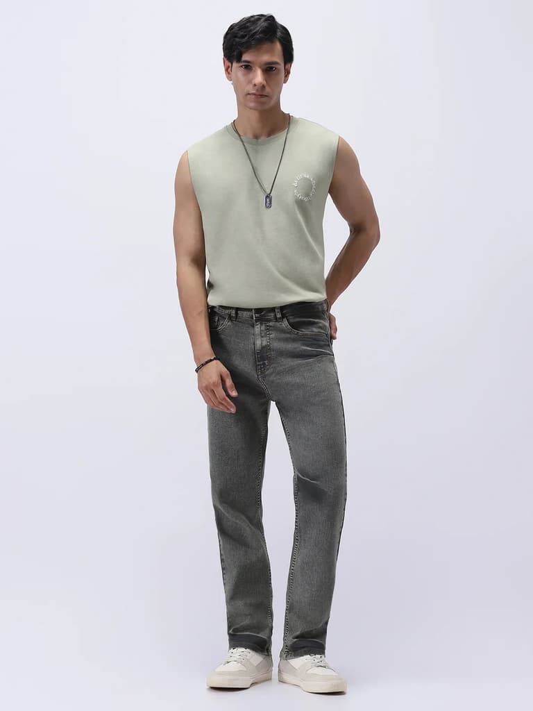 Men's Light Grey Straight Fit Heavy Washed Jeans Stretchable — photo 4