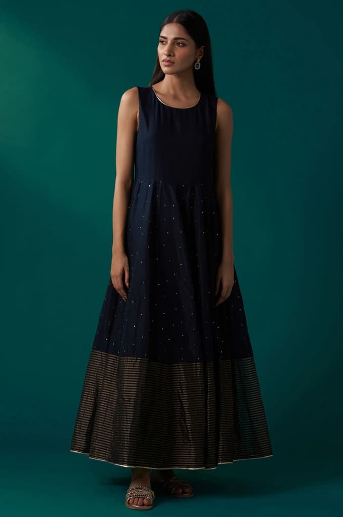 Navy Blue Aari Embroidery Panelled Jacket and Sleeveless Anarkali Dress Set — photo 8