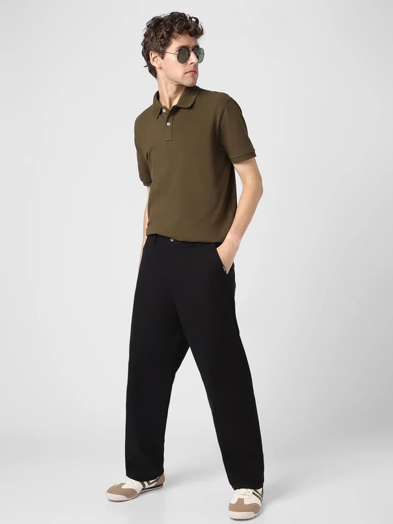 Men's Black Loose Baggy Fit Solid Chino Trousers Non-Stretchable — photo 4