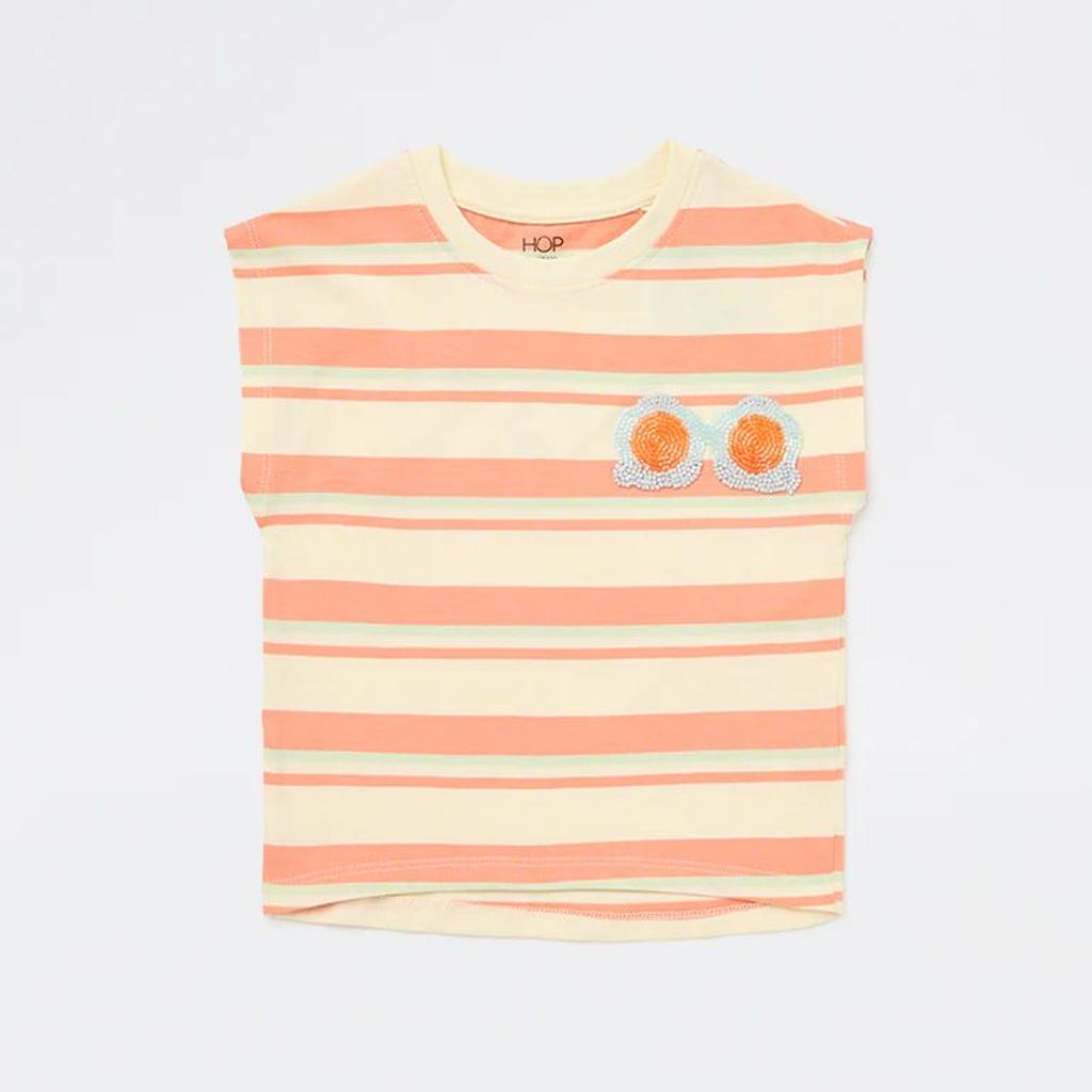 HOP Kids Girls Peach Striped Cotton T-Shirt
