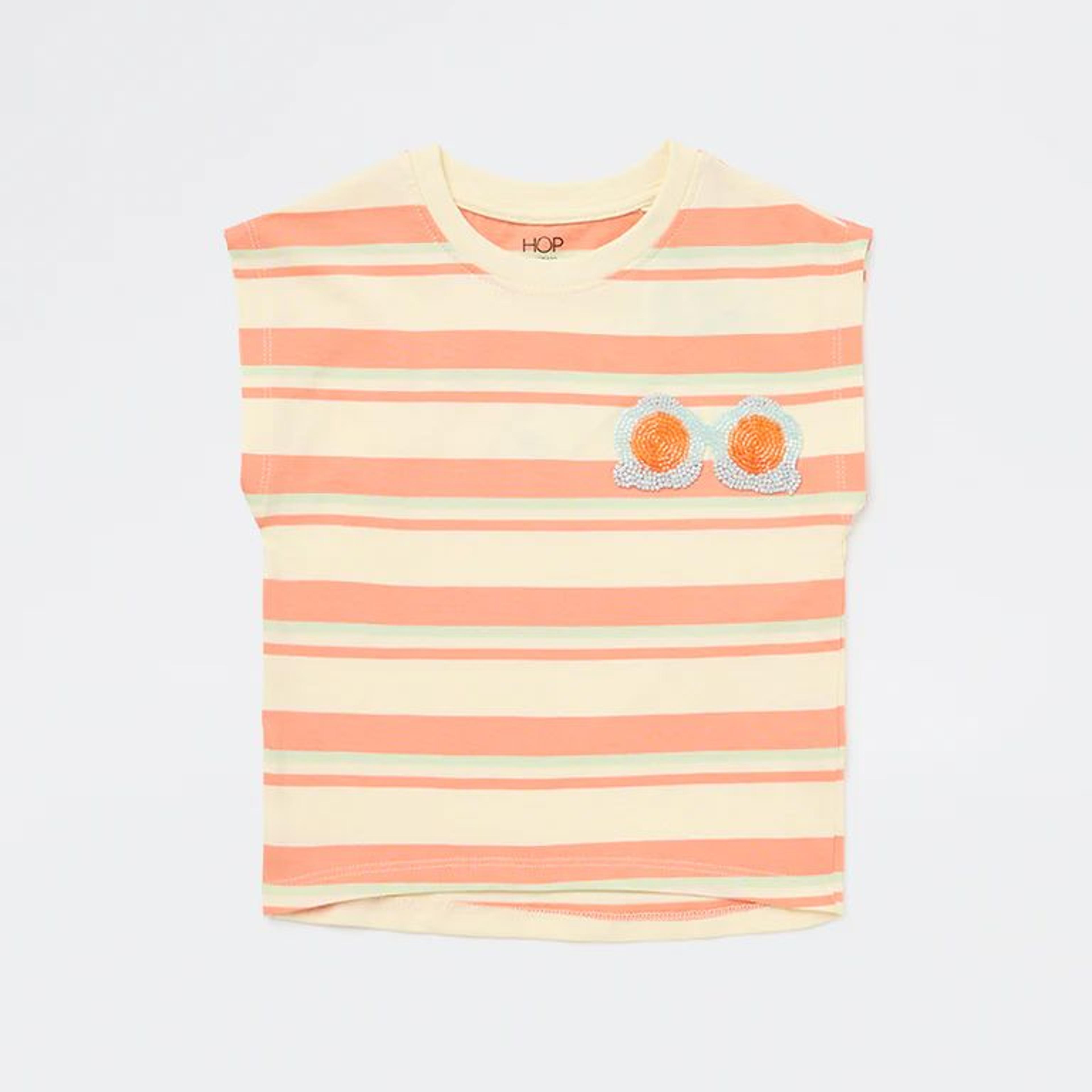 HOP Kids Girls Peach Striped Cotton T-Shirt