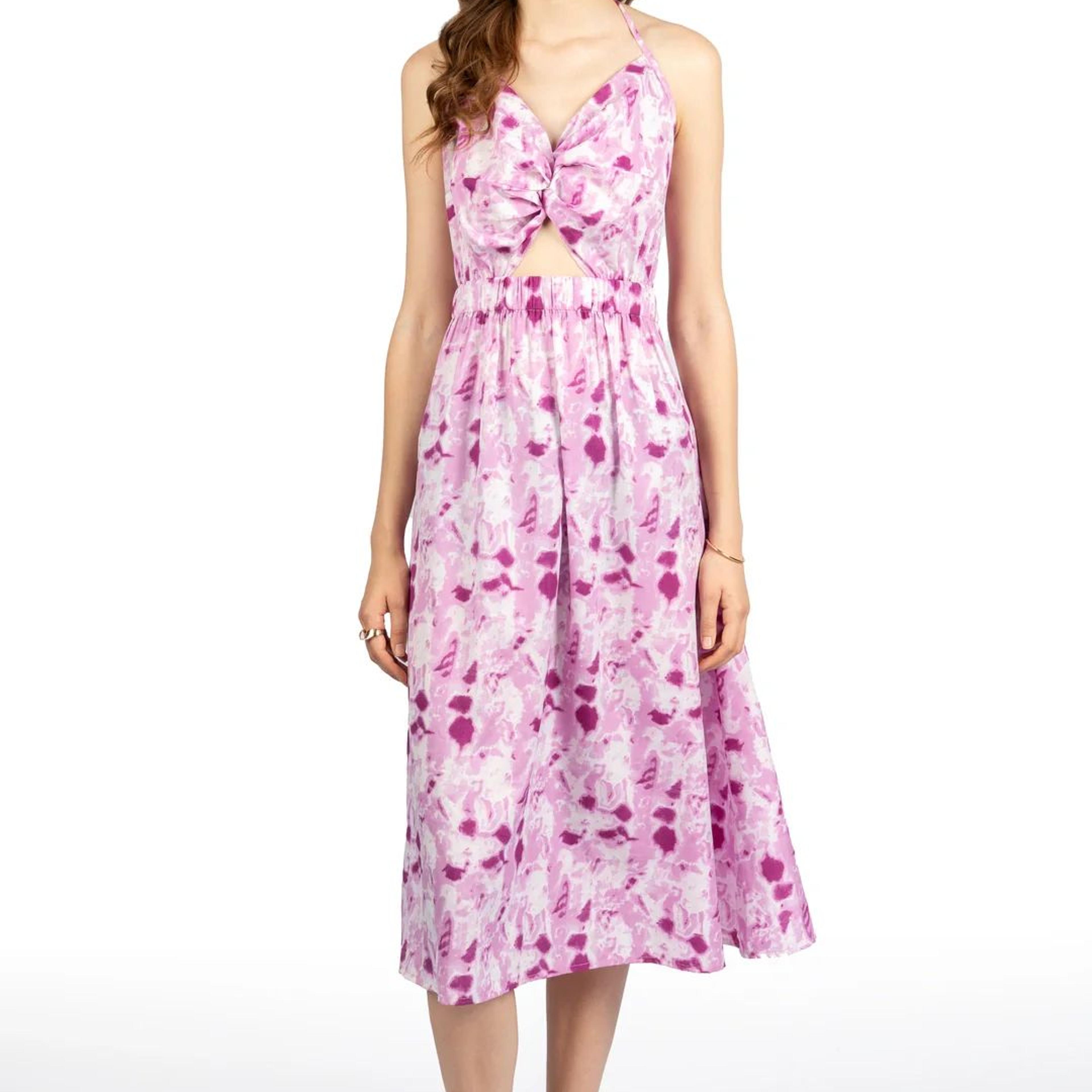 Pink Tie & Dye V Neck Sleeveless Midi Dress