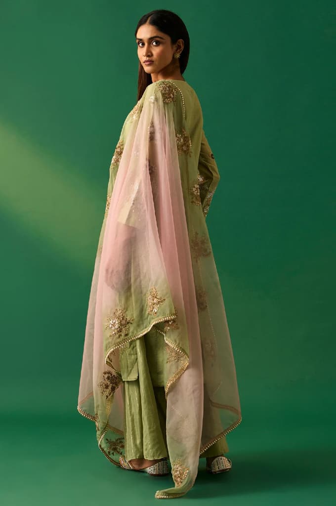 Green Embroidered Straight Cotton Kurta with Culotte and Dupatta Set — photo 4
