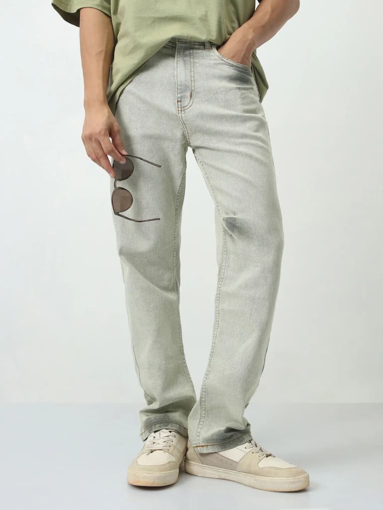 Men's Ice Grey Straight Fit Heavy Washed Jeans Stretchable — photo 2