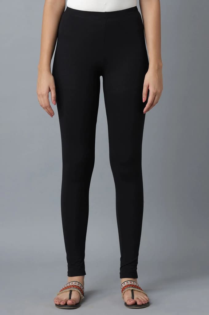 Elleven Women's Black Solid Cotton Lycra Skinny Fit Ankle Length High Rise Leggings