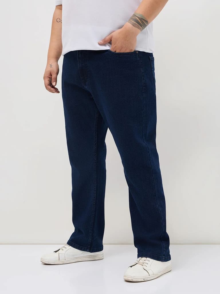 Plus Men's Blue Straight Fit Raw Washed Denim Jeans Stretchable — photo 2