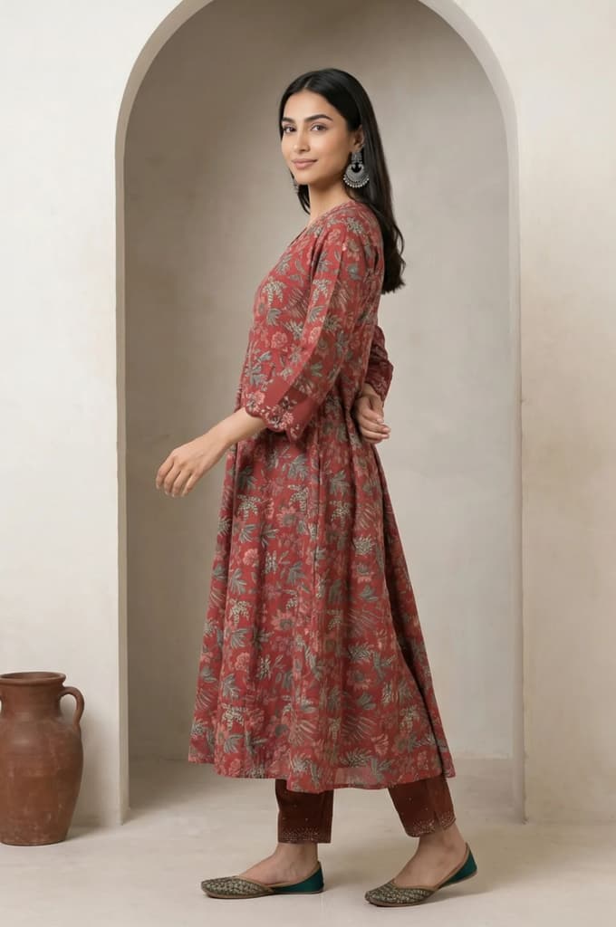 Maroon Floral Printed Embroidered Pure Cotton A-line Kurta — photo 4