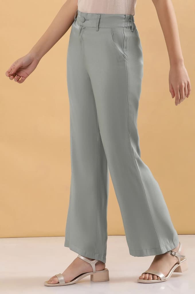Grey Solid Straight Fit Woven Pants With Elasticated Back — photo 4
