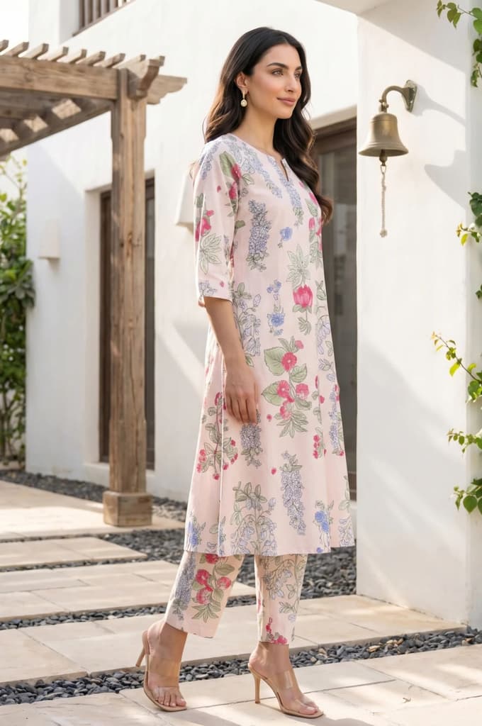 Peach Floral Printed Pure Cotton A-line Kurta — photo 6