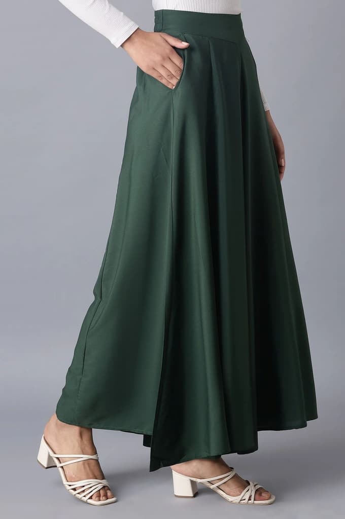 Muted Sage Green Solid Flared Woven Palazzo With Elasticated Waistband — photo 4
