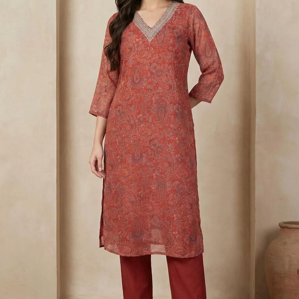 Rust Paisley Printed Straight Chiffon Kurta with Embroidered Neck