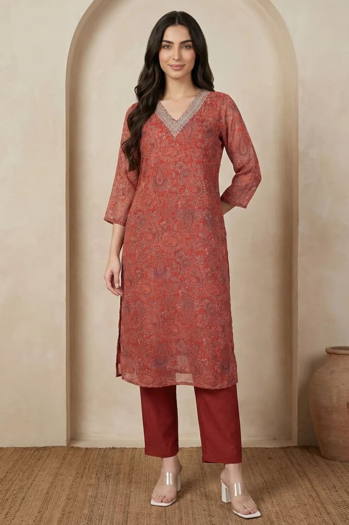 Rust Paisley Printed Straight Chiffon Kurta with Embroidered Neck