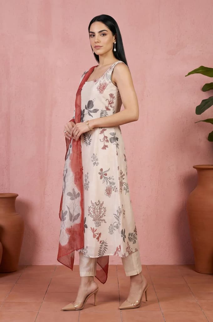 Cream Embroidered Floral Printed Chanderi A-line Kurta with Straight Pants and Dupatta Set — photo 4