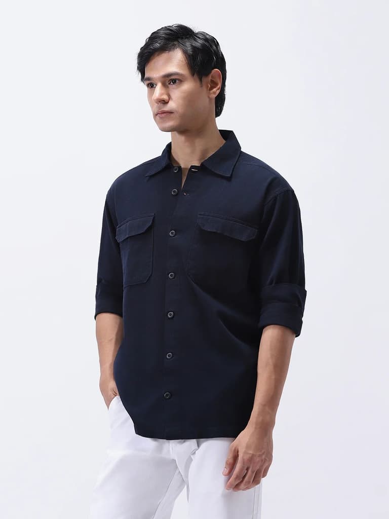 Men's Navy Cotton Full Sleeve Relaxed Fit Shacket with Utility Pockets — photo 2