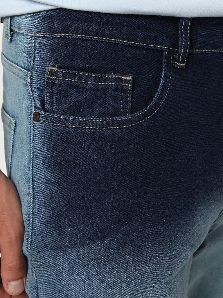 Men's Dark Blue Straight Fit Heavy Washed Faded Denim Jeans Stretchable — photo 5