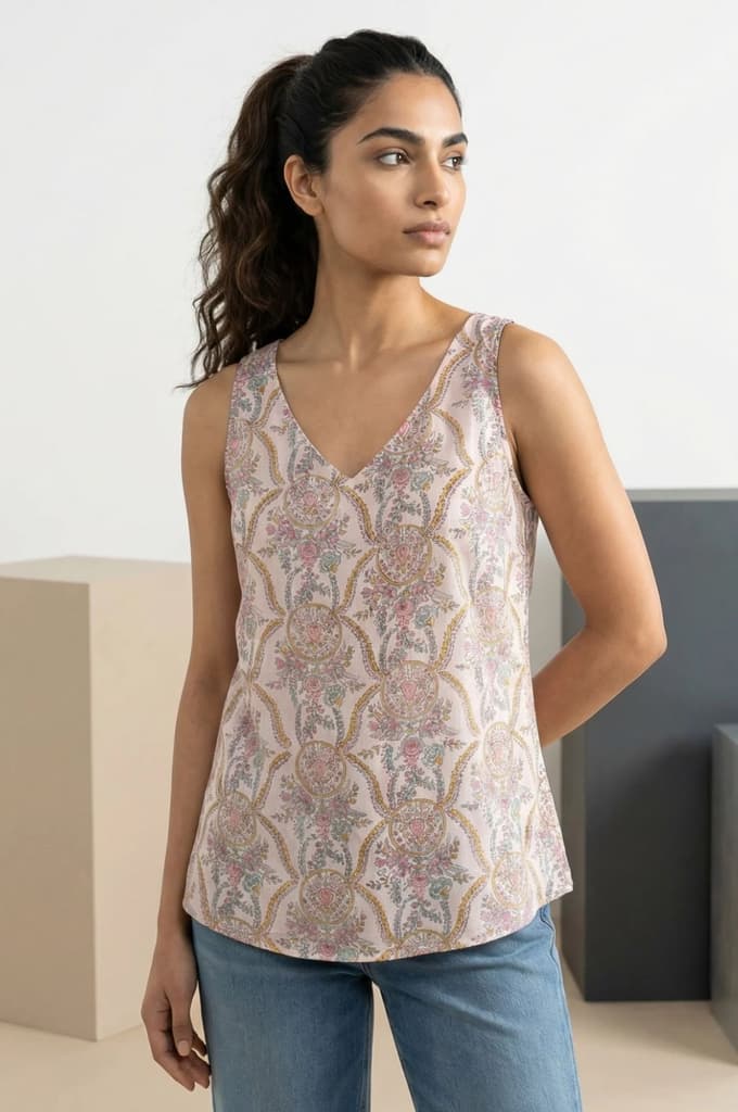 Cream Floral Printed Lace Organza Straight Top with Printed Slip — photo 2