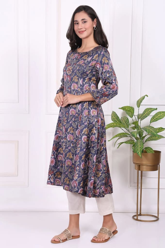 Navy Blue Floral Printed Beadwork Modal Satin A-line Kurta — photo 4