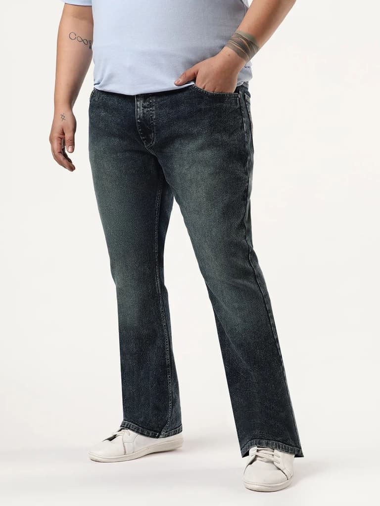 Plus Men's Dark Blue Bootcut Fit Mid Rise Tinted Heavy Washed Jeans Stretchable — photo 3