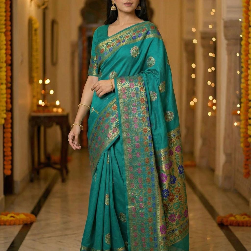 MIMOSA Women's Woven Design Paithani Style Raw Silk Saree with Blouse Piece - Rama ( SA00003127RMFREE )