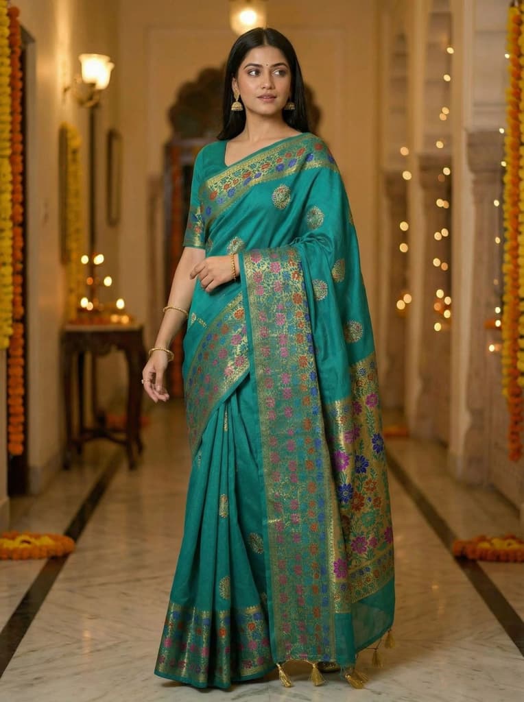MIMOSA Women's Woven Design Paithani Style Raw Silk Saree with Blouse Piece - Rama ( SA00003127RMFREE ) — Default Title