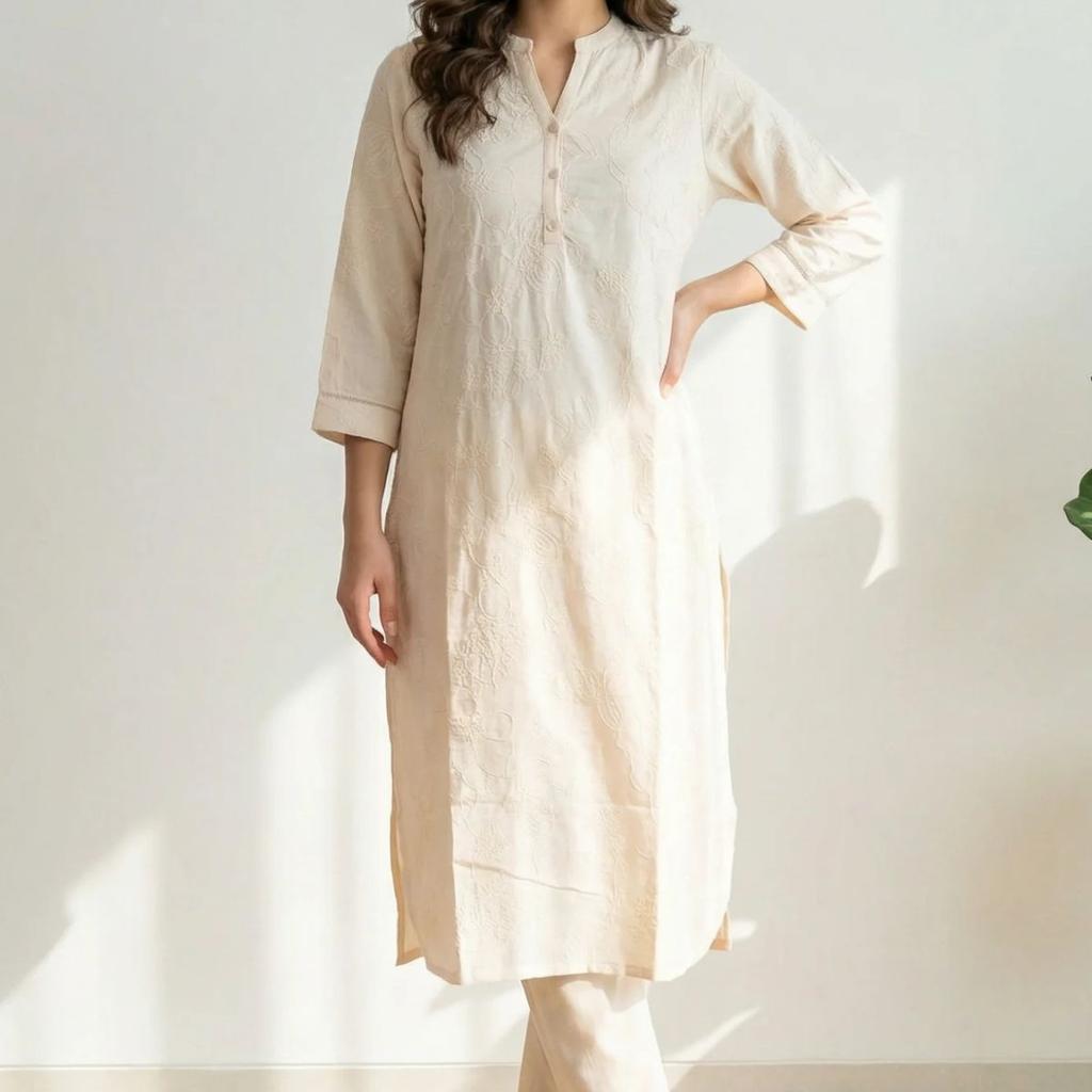 Off White Chikankari Rayon Straight Kurta with Pants Co-ord Set
