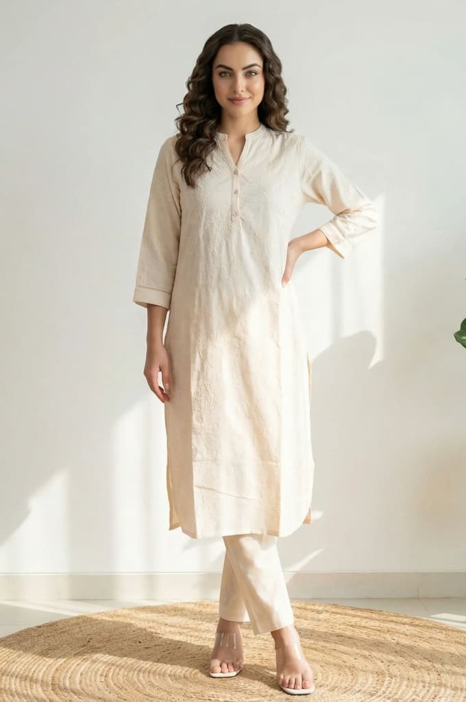 Off White Chikankari Rayon Straight Kurta with Pants Co-ord Set — XS