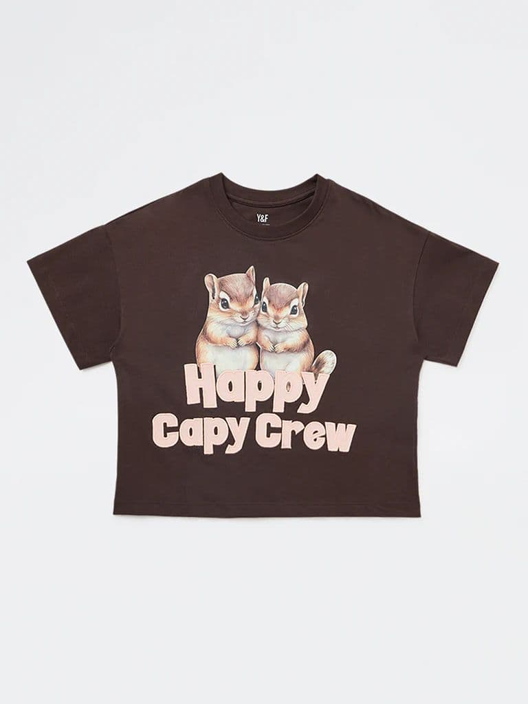 Y&F Kids Girls Dark Brown Printed Cotton T-Shirt — photo 4