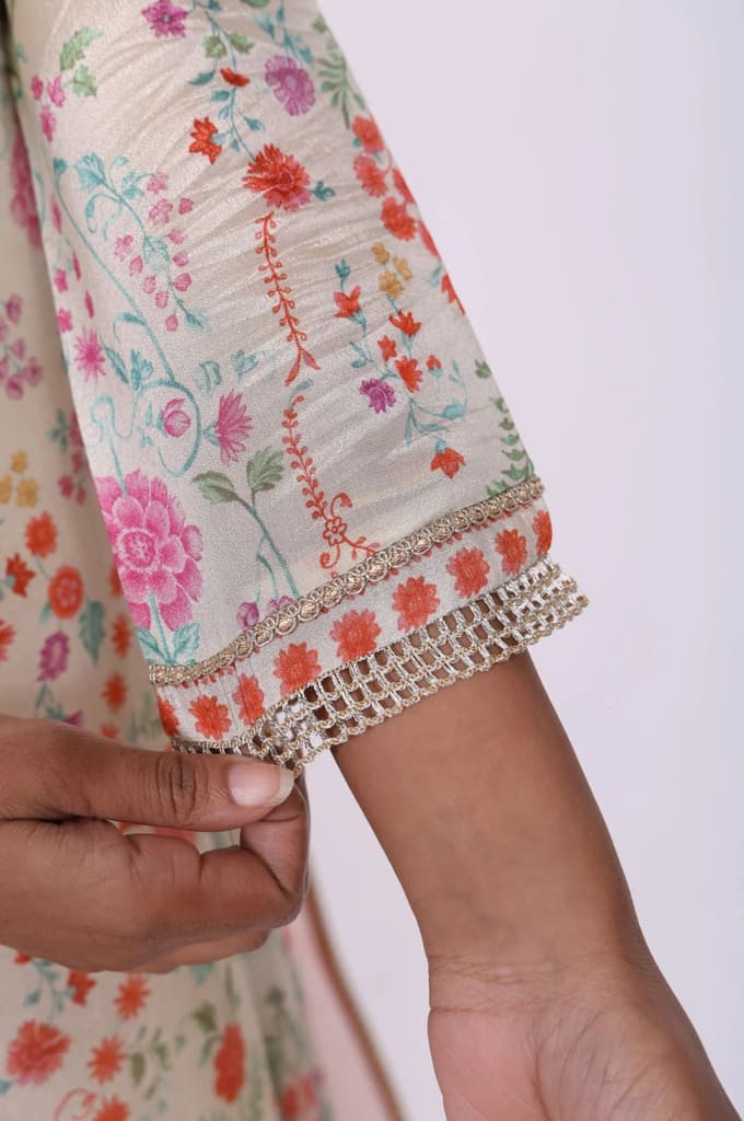 Cream Floral Printed Tissue A-Line Kurta with Straight Pant and Dupatta Set — photo 6